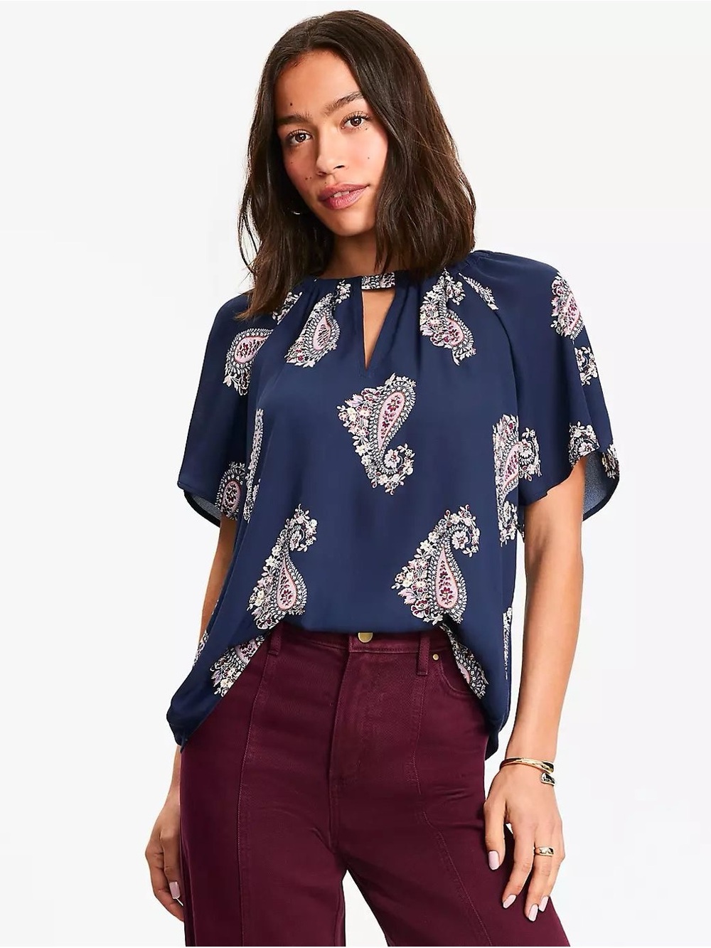 LOFT Navy Paisley Keyhole Flutter Sleeve Blouse